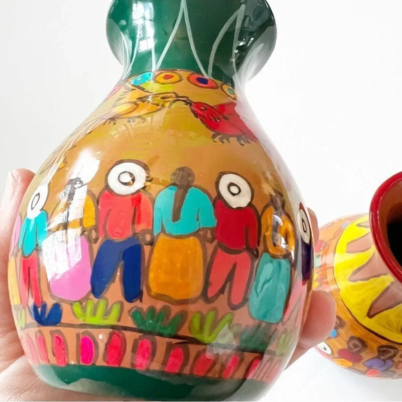 Vintage Handpainted Mexican Pottery Vases Red Clay Small Vessels Jugs Colorful 2 - Picture 6 of 12